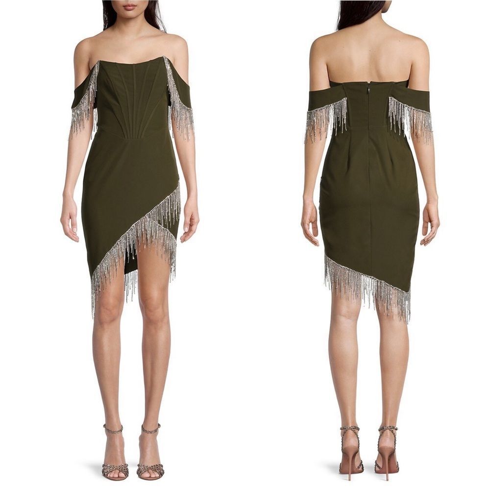 Lavish Alice Olive Green Off-Shoulder Fringe Bodycon Dress